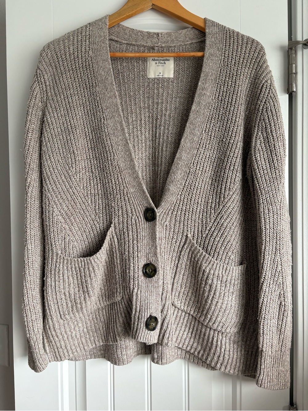 Abercrombie & Fitch Oversized Rib-Knit Taupe Button-Front Cardigan